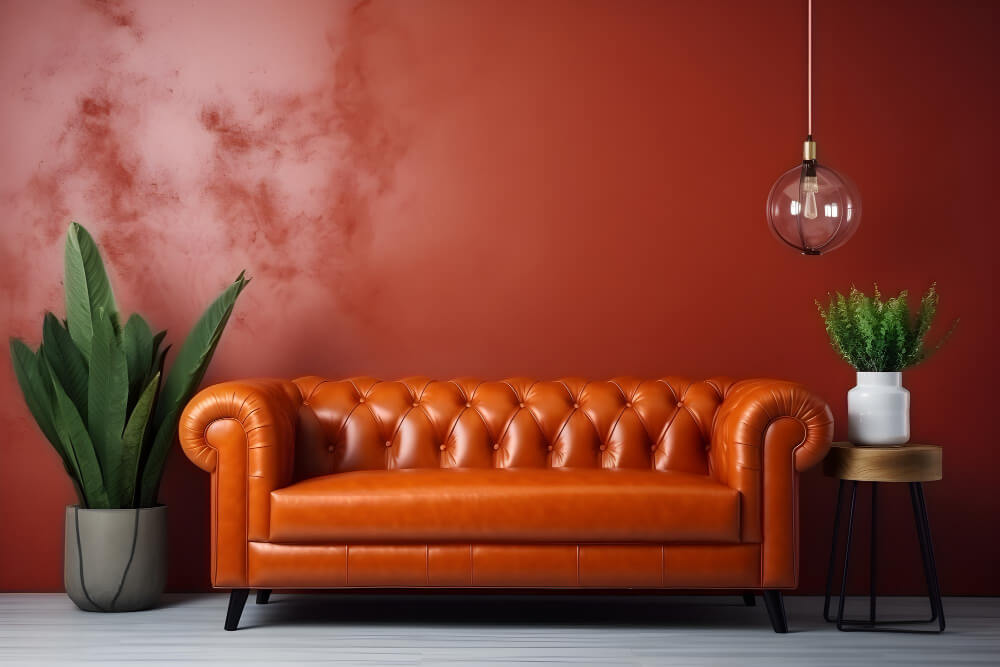An orange leather sofa positioned against a vibrant red wall, creating a bold and stylish living space.